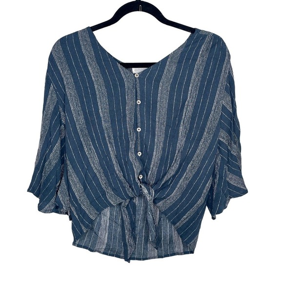 Banyan Tree Blue Cropped Flowy Tie Boho Flutter Sleeve Top Shirt Size Large - Picture 1 of 8